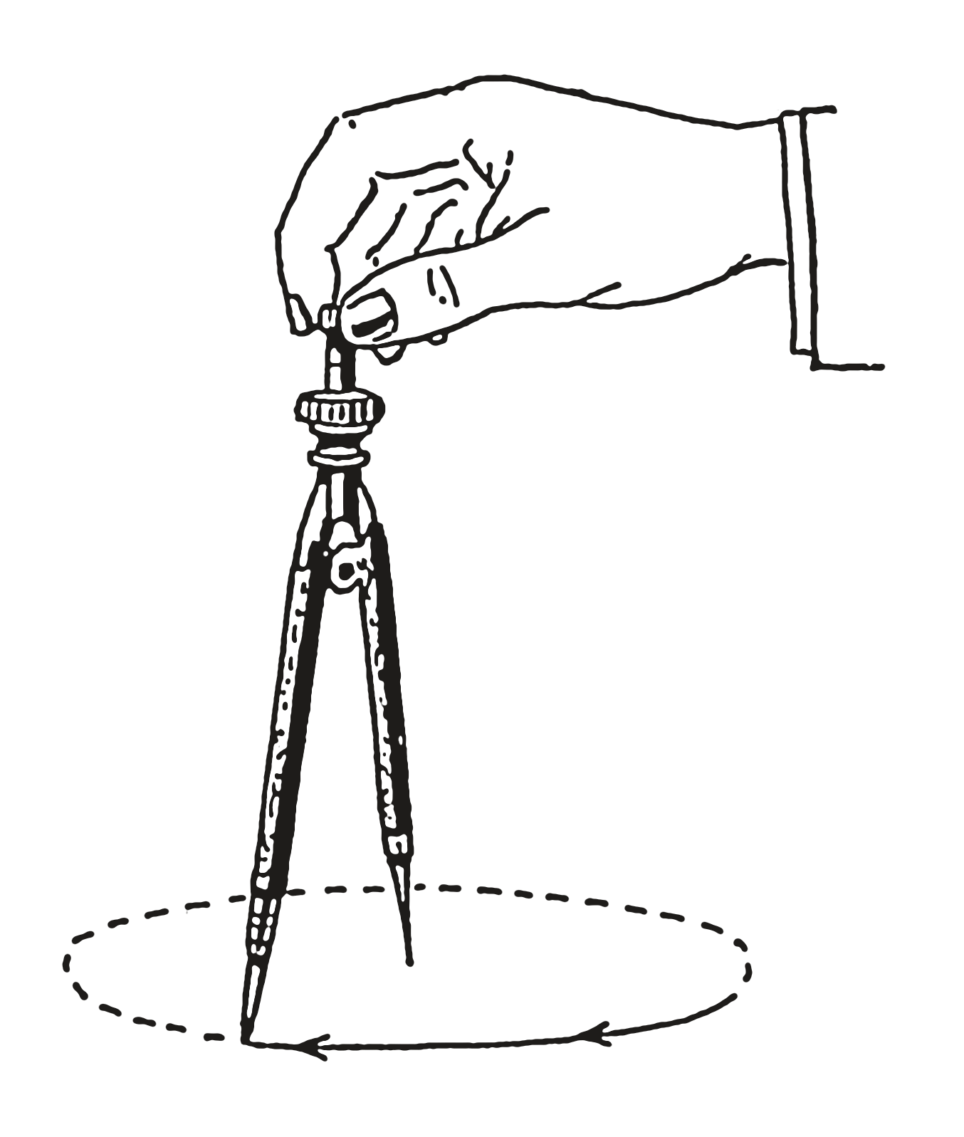 Line drawing of a hand using dividers to scribe a circle.
